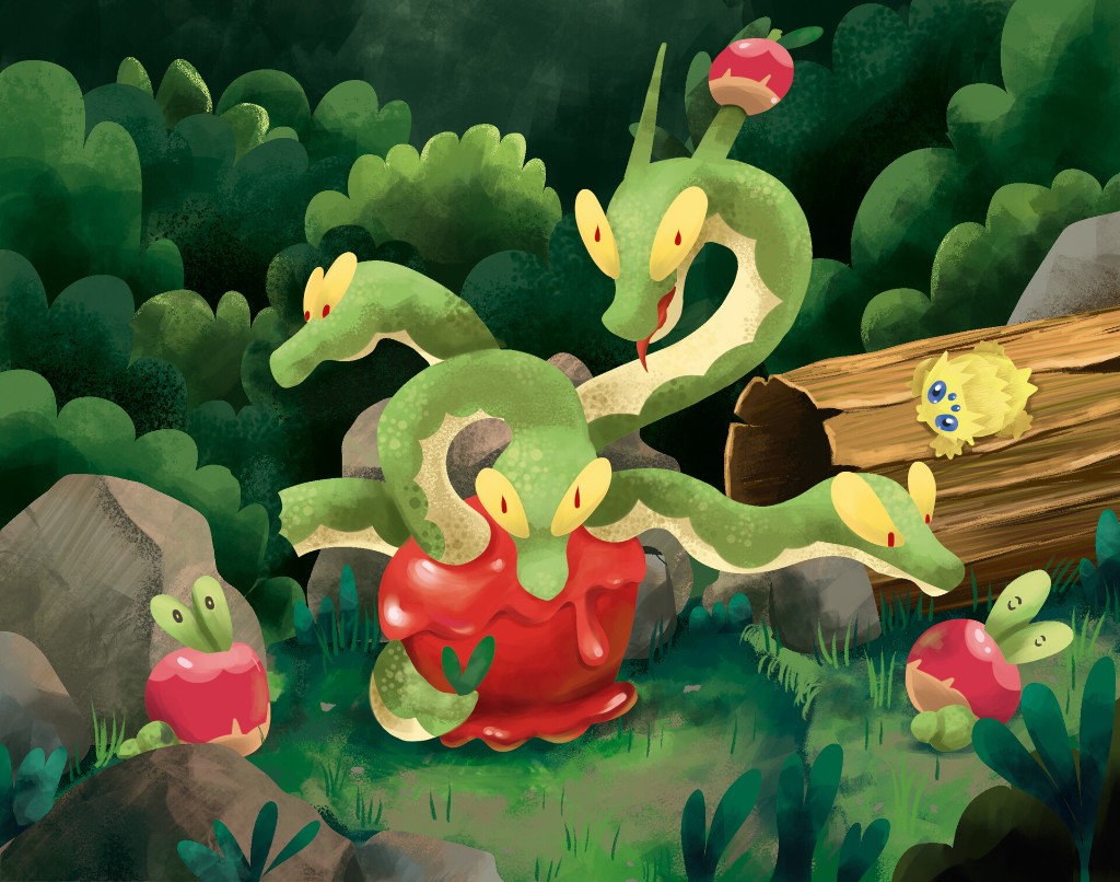 Hydrapple en un bosque — mascota de ¿Dónde se juega?
